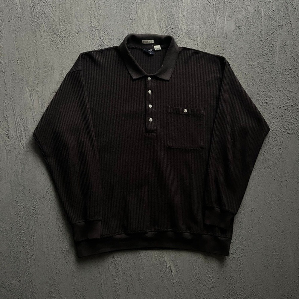 Vintage Blair Sweater XL Black 1990s Waffle Knit Pocket Long Sleeve Collared